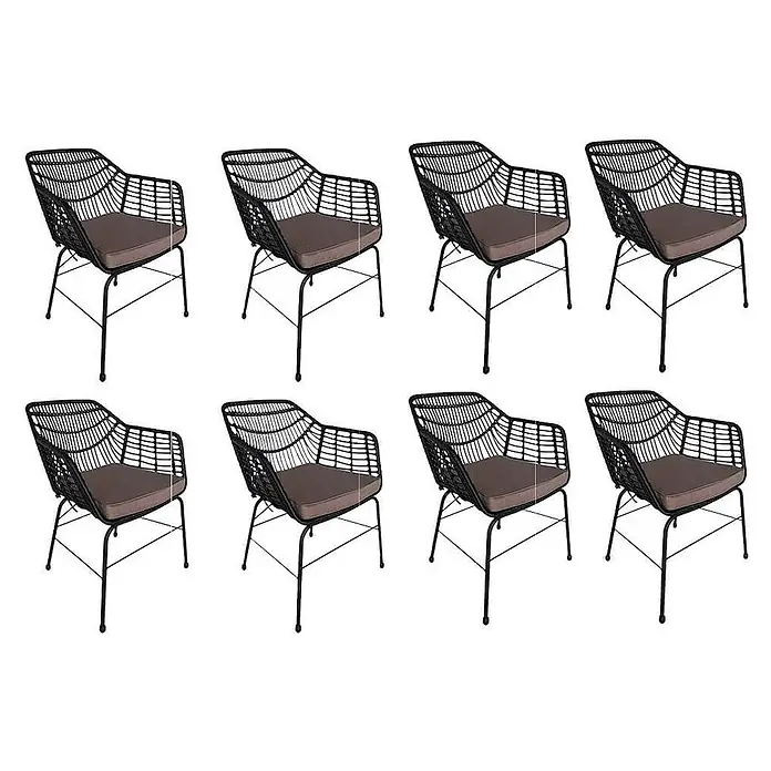Home Deluxe Gartenstuhl TARA - 8er Set - galvanisierter Stahl, Schwarz, B x T x H: 60 x 63 x 82 cm - Acht schwarze Korbsessel mit braunen Sitzkissen und schwarzen Metallbeinen.