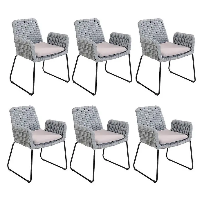 Home Deluxe Gartenstuhl mit Armlehnen BALERO - 6er Set - 6 Stk., Pulverbeschichtet, Hellgrau - Sechs graue geflochtene Sessel mit hellbeigen Kissen und schwarzen Metallgestellen.
