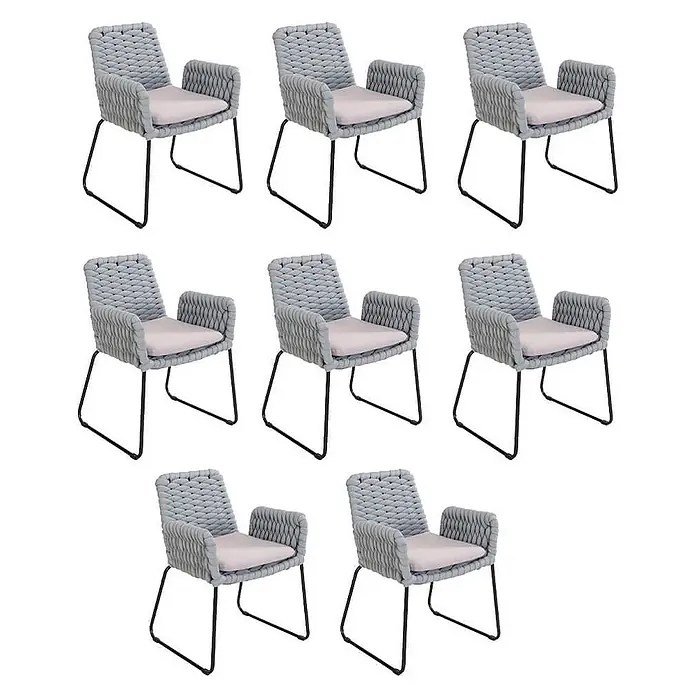 Home Deluxe Gartenstuhl mit Armlehnen BALERO - 8er Set - Pulverbeschichtet, Hellgrau, B x T x H: 63 x 62 x 85 cm - Neun graue Seilgeflechtstühle mit hellbeigen Sitzkissen und schwarzen Metallbeinen.