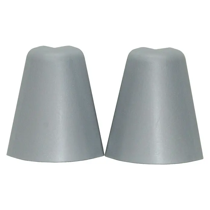 Profiles and more Außenecke FU147H - Silber, 2 Stk. - Zwei graue Gummifüße mit einer Aussparung oben, ideal als Bodenschutz für Möbel oder Geräte, um Kratzer zu verhindern und Stabilität zu gewährleisten.