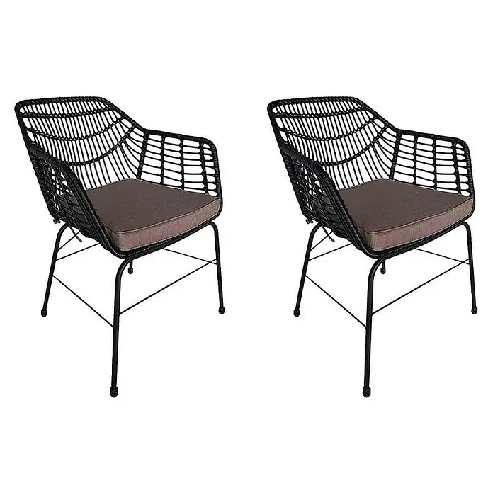 Home Deluxe Gartenstuhl TARA - 2er Set - galvanisierter Stahl, Schwarz, B x T x H: 60 x 63 x 82 cm - Zwei schwarze Sessel aus Polyrattan mit dunkelbraunen Kissen und schwarzen Metallbeinen.