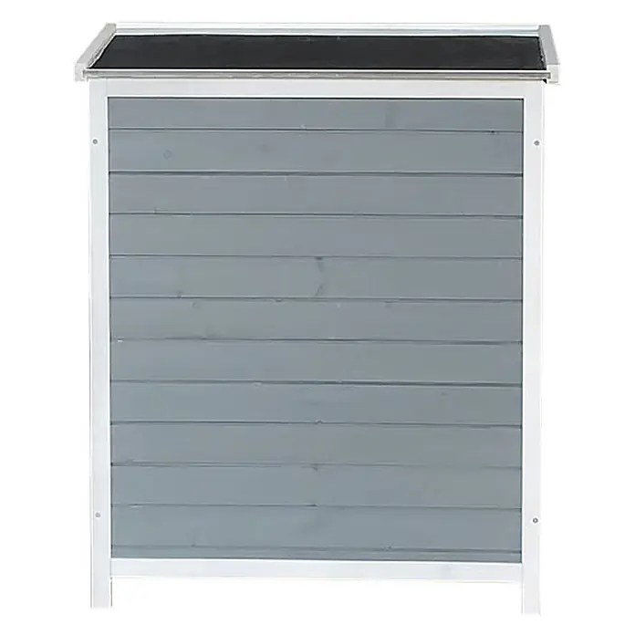 Home Deluxe Geräteschrank YANA M - Außenbreite inkl. Dachüberstand: 90 cm, Außentiefe inkl. Dachüberstand: 40 cm, Holz, Grau - Graue Holz-Gartenbox mit weißem Rahmen und dunkler Oberseite.