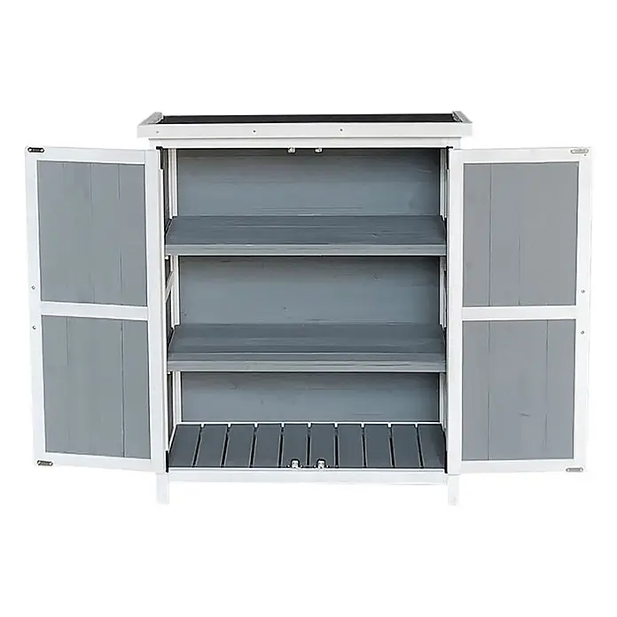 Home Deluxe Geräteschrank YANA M - Außenbreite inkl. Dachüberstand: 90 cm, Außentiefe inkl. Dachüberstand: 40 cm, Holz, Grau - Weiß-grauer Holz-Gartenschrank mit zwei geöffneten Türen und drei Regalböden.