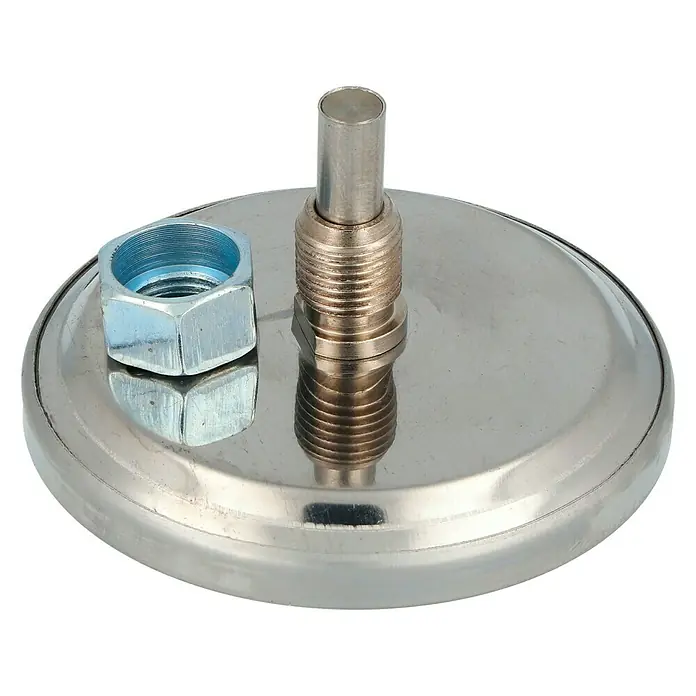 Ersatz-Thermometer - Passend für: Kingstone Kugelgrill Bullet 47 - Nahaufnahme einer runden, verspiegelten Basis mit einem Metallbolzen und einer blauen Sechskantmutter.
