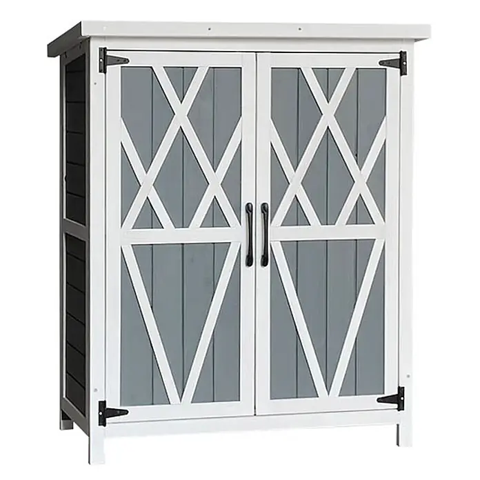 Home Deluxe Geräteschrank YANA M - Außenbreite inkl. Dachüberstand: 90 cm, Außentiefe inkl. Dachüberstand: 40 cm, Holz, Grau - Weiß-grauer Aufbewahrungsschrank mit zwei Scheunentüren im X-Streben-Design und schwarzen Griffen.