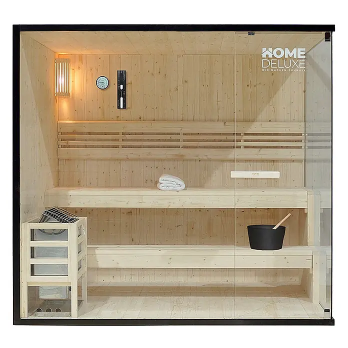 Home Deluxe Elementsauna SHADOW XL - Elektroofen, Steuerung Ofen: Integriert - Eine helle Holzsauna mit Glastür, zwei Holzbänken, Heizung, Licht, Thermometer und Saunaeimer mit Kelle.