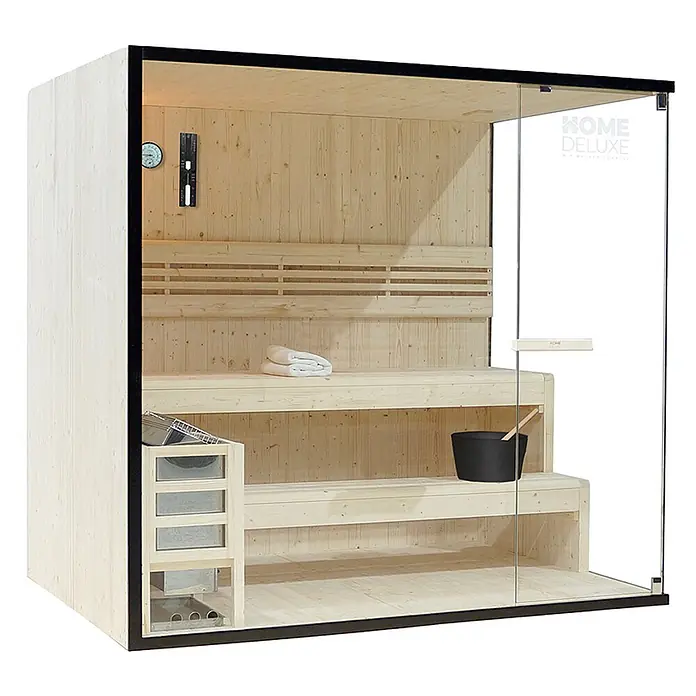 Home Deluxe Elementsauna SHADOW XL - Elektroofen, Steuerung Ofen: Integriert - Moderne Heimsauna aus hellem Holz mit Glastür, Sitzbänken und Heizung.