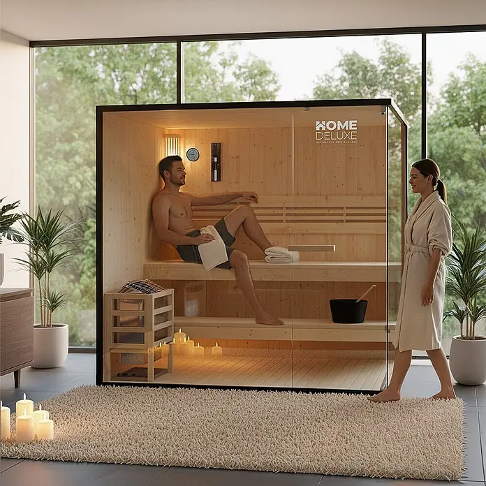 Home Deluxe Elementsauna SHADOW XL - Elektroofen, Steuerung Ofen: Integriert - Moderne Heimsauna aus hellem Holz mit Glasfront. Ein Mann entspannt drinnen, eine Frau steht daneben.