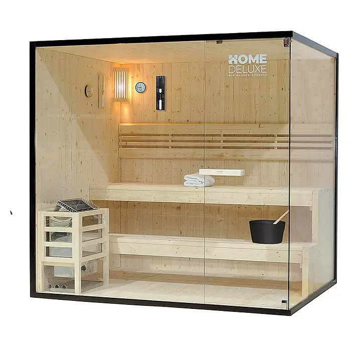 Home Deluxe Elementsauna SHADOW XL - Elektroofen, Steuerung Ofen: Integriert - Moderne Heimsaunakabine mit hellem Holzinterieur, Glasfront und schwarzem Rahmen, inklusive Ofen, Bänken und Zubehör.