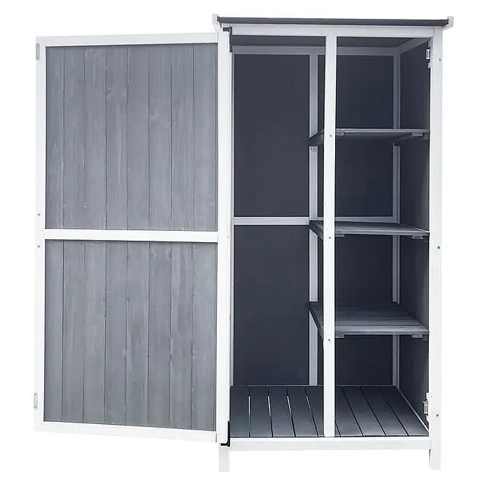 Home Deluxe Geräteschrank YANA L - Außenbreite inkl. Dachüberstand: 69 cm, Außentiefe inkl. Dachüberstand: 52 cm, Holz, Grau - Grau-weißes Gartenhaus aus Holz mit offener Tür, zeigt Innenregale.