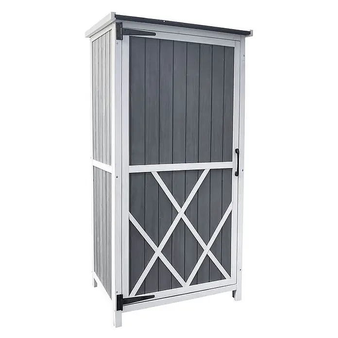 Home Deluxe Geräteschrank YANA L - Außenbreite inkl. Dachüberstand: 69 cm, Außentiefe inkl. Dachüberstand: 52 cm, Holz, Grau - Grauer und weißer Holz-Außenschrank mit dekorativen Kreuzstreben an der Tür und schwarzen Beschlägen.