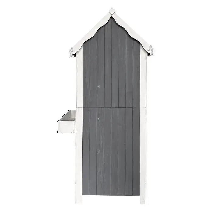 Home Deluxe Geräteschrank YANA XL - Außenbreite inkl. Dachüberstand: 77 cm, Außentiefe inkl. Dachüberstand: 54 cm, Holz, Grau - Graue und weiße hölzerne Hühnerstall-Seitenansicht mit Zierdach und Seitenfuttertrog.