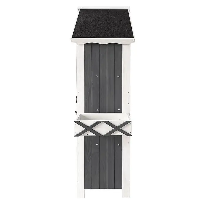 Home Deluxe Geräteschrank YANA XL - Außenbreite inkl. Dachüberstand: 77 cm, Außentiefe inkl. Dachüberstand: 54 cm, Holz, Grau - Zweifarbiger weiß-dunkelgrauer Holz-Outdoor-Ständer mit schwarzem Dach und dekorativem Pflanzkasten.