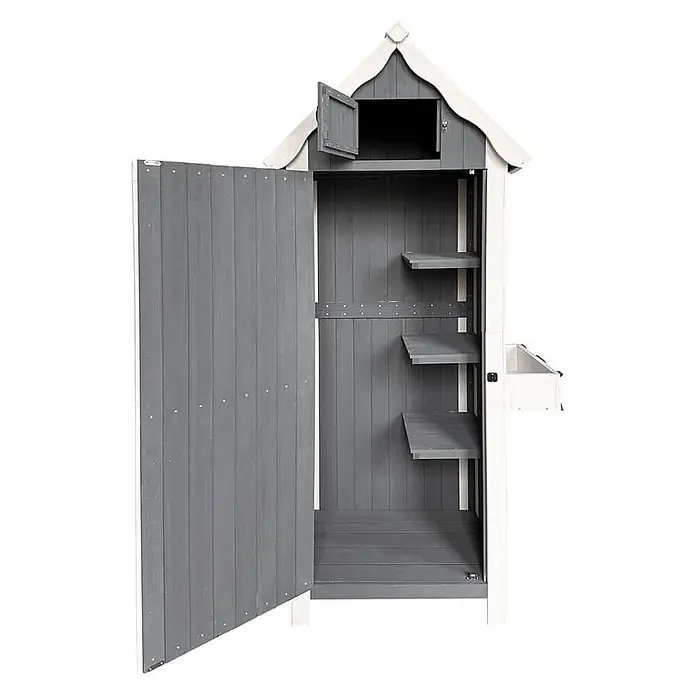 Home Deluxe Geräteschrank YANA XL - Außenbreite inkl. Dachüberstand: 77 cm, Außentiefe inkl. Dachüberstand: 54 cm, Holz, Grau - Zweifarbiger Gartenschrank aus grau-weißem Holz mit offener Tür, der Innenregale und ein kleines oberes Fach zeigt. Ein seitlicher Pflanzkasten ist ebenfalls sichtbar.