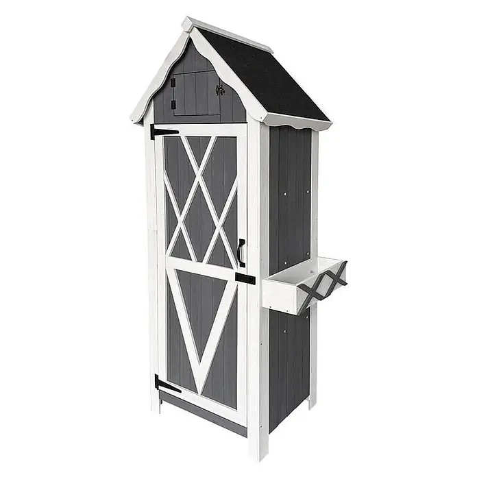 Home Deluxe Geräteschrank YANA XL - Außenbreite inkl. Dachüberstand: 77 cm, Außentiefe inkl. Dachüberstand: 54 cm, Holz, Grau - Grau-weißer Gartenlager-Schrank mit Scheunendach, Kreuzverstrebung an der Tür und Seiten-Pflanzkasten.