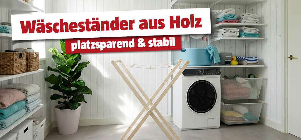 Selbstgemachter Wäscheständer aus Holz im Hauswirtschaftsraum