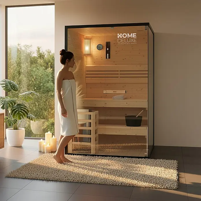 Home Deluxe Elementsauna SHADOW M - Elektroofen, Steuerung Ofen: Integriert, L x B x H: 120 x 120 x 190 cm - Moderne Heimsauna mit Glasfront und Holzinterieur, bereit zur Nutzung.