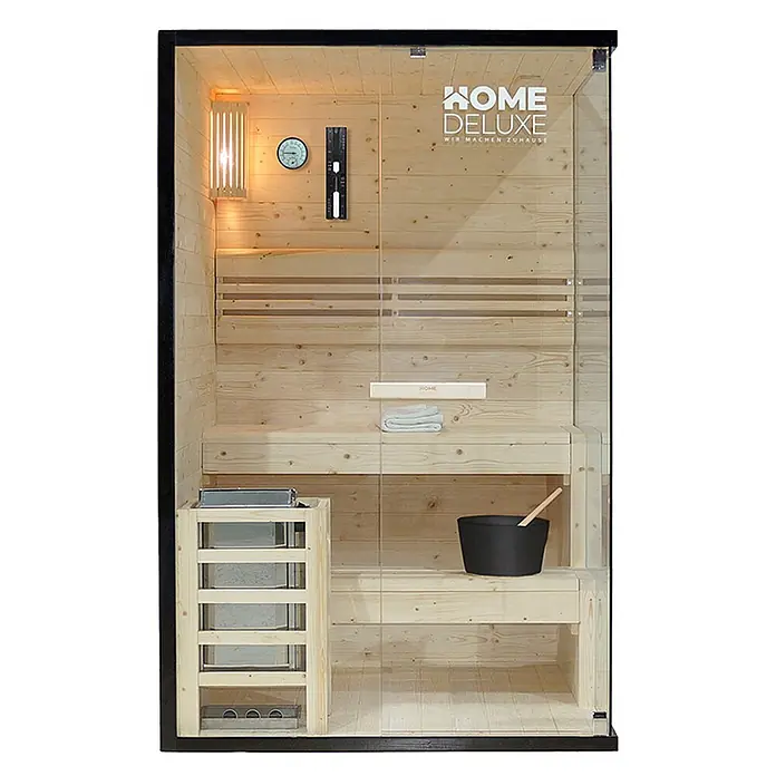 Home Deluxe Elementsauna SHADOW M - Elektroofen, Steuerung Ofen: Integriert, L x B x H: 120 x 120 x 190 cm - Helle Holzsauna mit Glastür, Heizofen, Bänken und Zubehör, umrahmt von einem schwarzen Gestell.