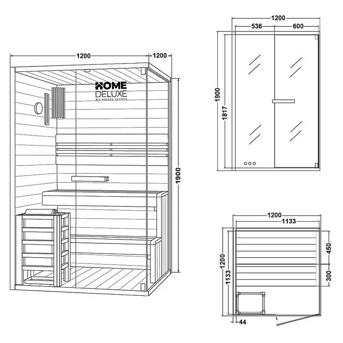 Home Deluxe Elementsauna SHADOW M - Elektroofen, Steuerung Ofen: Integriert, L x B x H: 120 x 120 x 190 cm - Sauna-Kabine aus Holz und Glas mit Bänken, Ofen und detaillierten technischen Abmessungen.