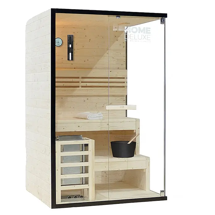 Home Deluxe Elementsauna SHADOW M - Elektroofen, Steuerung Ofen: Integriert, L x B x H: 120 x 120 x 190 cm - Moderne Saunakabine aus hellem Holz mit Glastür, Bänken, Ofen und Zubehör wie Eimer und Thermometer.