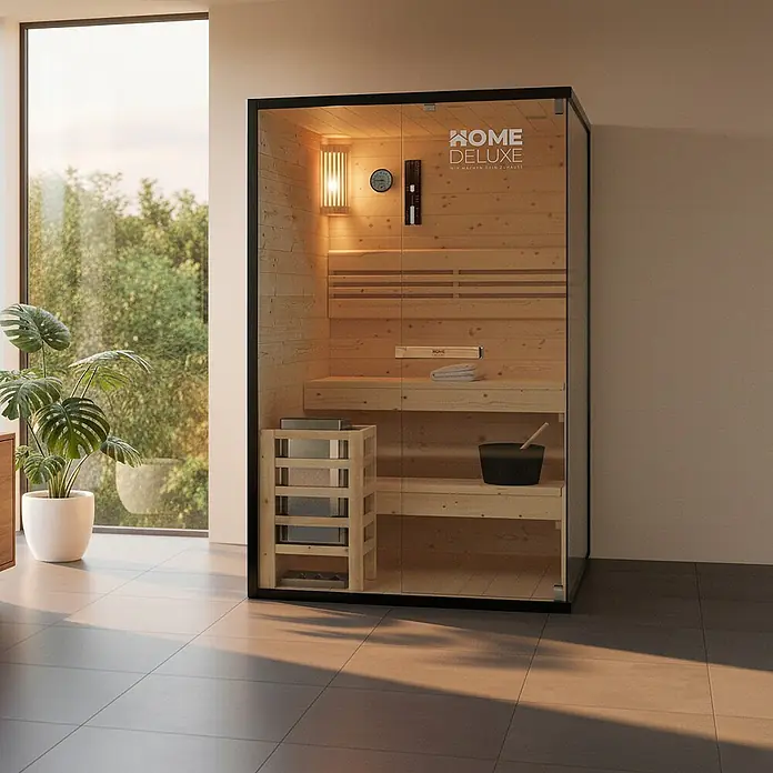 Home Deluxe Elementsauna SHADOW M - Elektroofen, Steuerung Ofen: Integriert, L x B x H: 120 x 120 x 190 cm - Moderne Innensauna mit Glasfront und hellem Holzinterieur, platziert in einem hellen Raum.