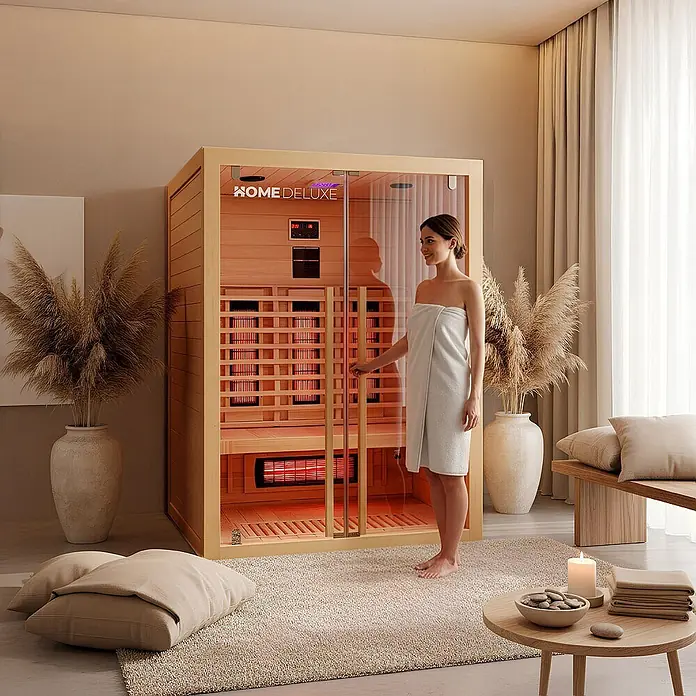 Home Deluxe Elementsauna SONORA M - Sonstige, Steuerung Ofen: Integriert, L x B x H: 105 x 135 x 190 cm - Infrarotsauna aus Holz mit Glastüren und rot glühenden Heizungen, von einer Frau im Handtuch geöffnet.