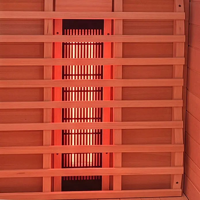 Home Deluxe Elementsauna SONORA S - Sonstige, Steuerung Ofen: Integriert, L x B x H: 90 x 90 x 190 cm - Infrarot-Saunaheizer mit leuchtend roten Elementen hinter einer hellen Holzlamellenverkleidung.