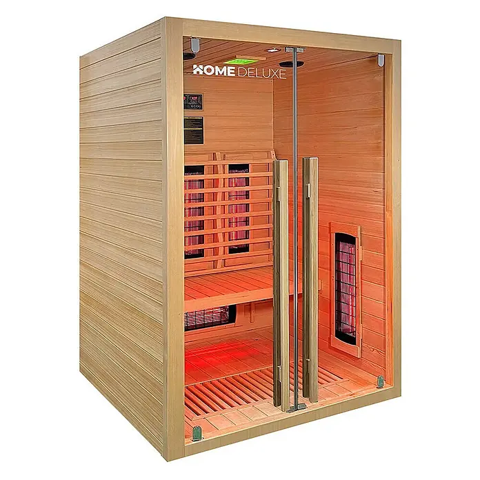 Home Deluxe Elementsauna SONORA M - Sonstige, Steuerung Ofen: Integriert, L x B x H: 105 x 135 x 190 cm - Infrarotsauna aus hellem Holz mit Glastüren, roten Heizstrahlern und Sitzbank.