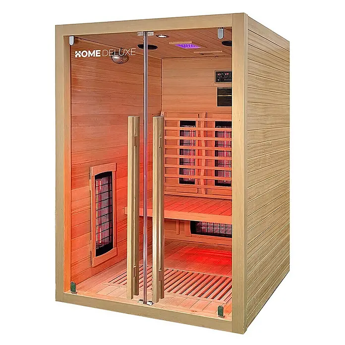 Home Deluxe Elementsauna SONORA M - Sonstige, Steuerung Ofen: Integriert, L x B x H: 105 x 135 x 190 cm - Helle Holz-Infrarotsauna mit Glastür und rot glühenden Innenheizungen.