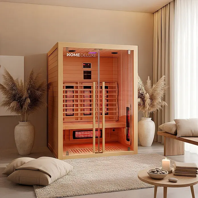 Home Deluxe Elementsauna SONORA M - Sonstige, Steuerung Ofen: Integriert, L x B x H: 105 x 135 x 190 cm - Helle Holz-Infrarotsauna mit Glastür und rot glühenden Heizstrahlern in einem modernen Wohnambiente.