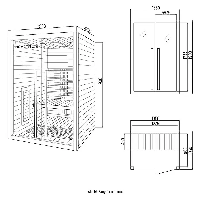 Home Deluxe Elementsauna SONORA M - Sonstige, Steuerung Ofen: Integriert, L x B x H: 105 x 135 x 190 cm - Hölzerne Saunakabine mit Glastüren und Innenbänken, detailliert mit mehreren Maßansichten.