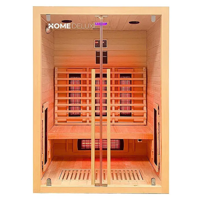 Home Deluxe Elementsauna SONORA M - Sonstige, Steuerung Ofen: Integriert, L x B x H: 105 x 135 x 190 cm - Infrarotsauna aus hellem Holz mit Glastür, Bänken und glühenden roten Heizstrahlern.