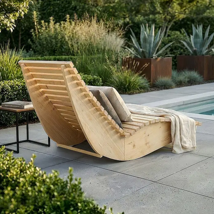 Home Deluxe Gartenliege WOLGA B 60 cm - B x T: 60 x 188 cm, Natur, Holz - Naturholz-Latten-Outdoor-Chaiselongue mit Kissen und Decke auf einer Terrasse am Pool.