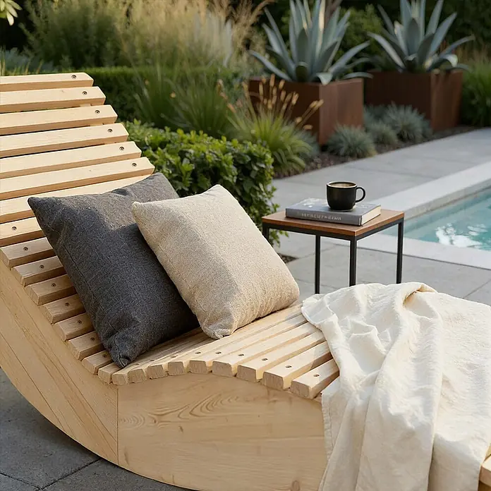 Home Deluxe Gartenliege WOLGA B 60 cm - B x T: 60 x 188 cm, Natur, Holz - Helle Holzliege mit zwei Kissen und einer Decke, im Freien am Pool platziert.