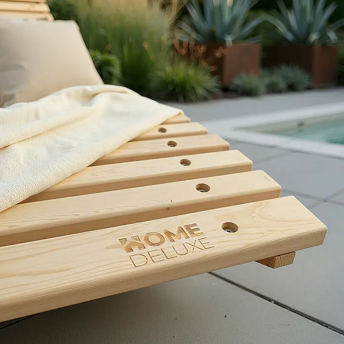 Home Deluxe Gartenliege WOLGA B 60 cm - B x T: 60 x 188 cm, Natur, Holz - Helle Holzliege für den Außenbereich mit "HOME DELUXE" Gravur und cremefarbener Decke am Pool.