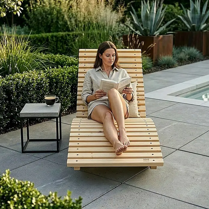 Home Deluxe Gartenliege WOLGA B 60 cm - B x T: 60 x 188 cm, Natur, Holz - Eine Frau entspannt auf einer hellen Holz-Sonnenliege und liest ein Buch. Daneben steht ein Beistelltisch aus Beton und Metall mit einer Kaffeetasse.