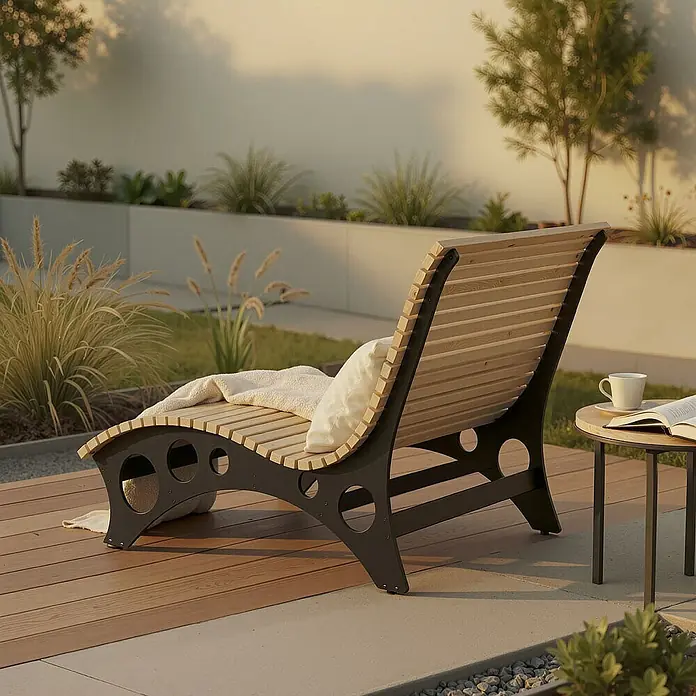 Home Deluxe Gartenliege TAIGA B 120 cm - Natur, Holz - Holz- und dunkelgraue Gartenliege mit weißer Decke und Kissen, auf einer Terrasse im Garten.