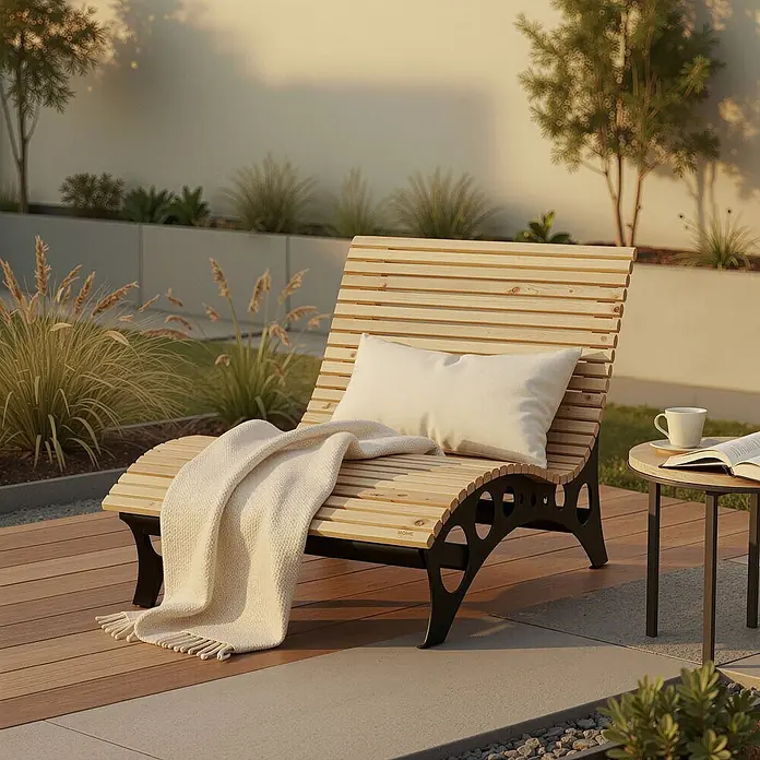 Home Deluxe Gartenliege TAIGA B 120 cm - Natur, Holz - Helle Holzliege mit dunklem Gestell, Cremekissen und Decke auf einer Terrasse, bereit zum Entspannen.