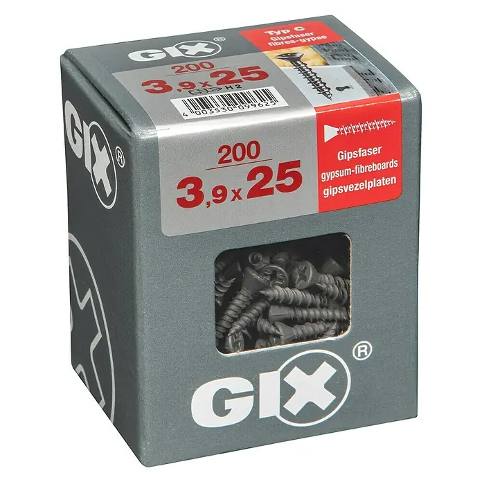 Spax Trockenbauschraube GIX C - Durchmesser: 3,9 mm, Länge: 25 mm, Senkkopf, 200 Stk. - Eine Packung GIX-Gypsfaserschrauben mit den Maßen 3,9x25, ideal für Trockenbauarbeiten und Heimwerkerprojekte.