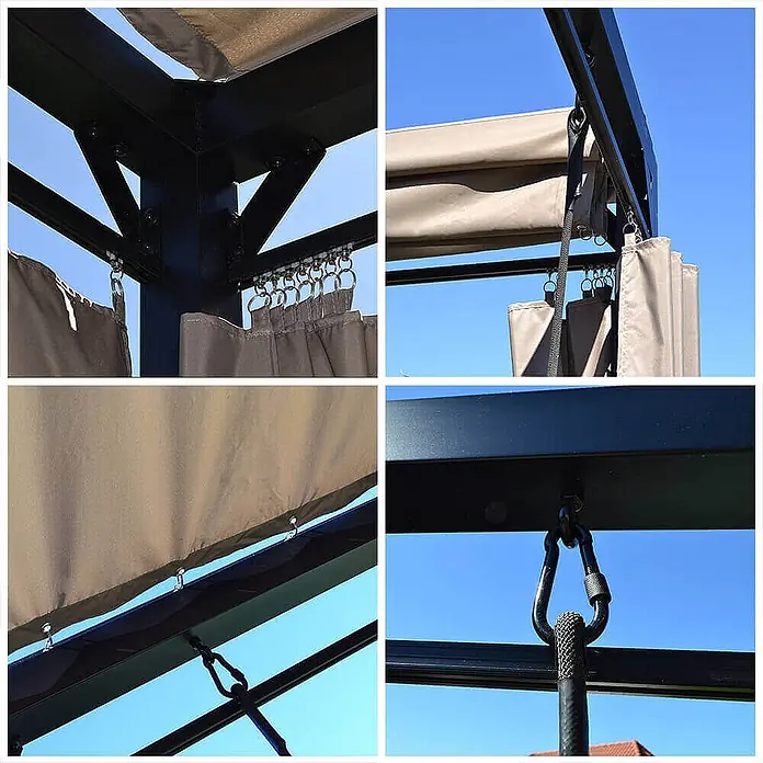 Home Deluxe Gartenliege PROVENCE inkl. Regenabdeckung - Anthrazit, Stahl - Schwarzes Metall-Pavillongerüst mit beigefarbenem Faltdach und Vorhängen, zeigt Befestigungsdetails.