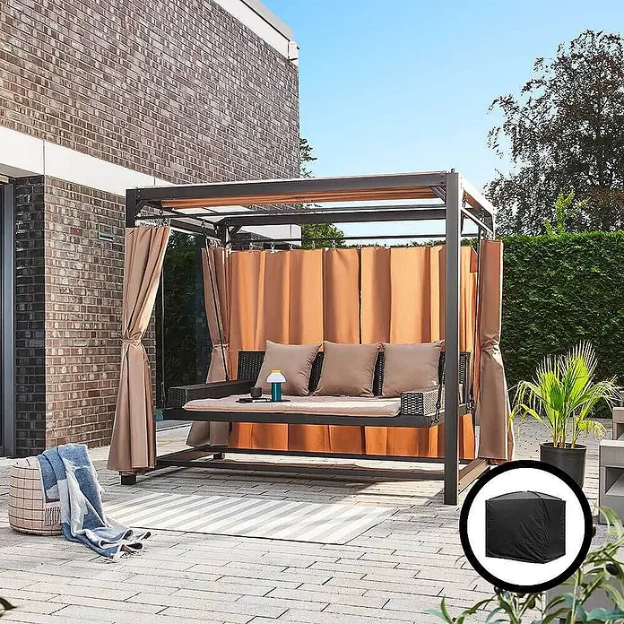 Home Deluxe Gartenliege PROVENCE inkl. Regenabdeckung - Anthrazit, Stahl - Outdoor-Schaukelliege mit dunklem Rahmen, beigen Kissen und Vorhängen. Eine schwarze Schutzhülle ist ebenfalls enthalten.