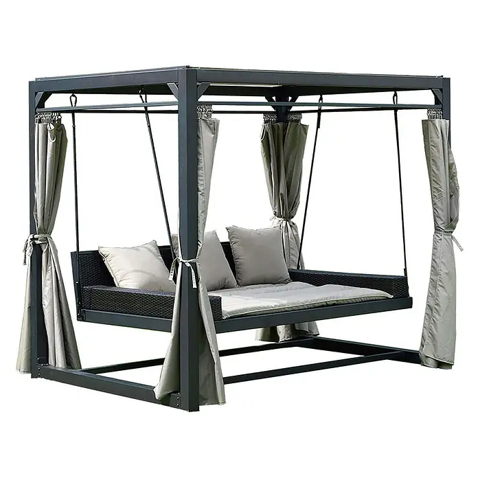 Home Deluxe Gartenliege PROVENCE inkl. Regenabdeckung - Anthrazit, Stahl - Dunkelgraues Metall-Gartenbett mit Schaukelfunktion, grauen Kissen und Vorhängen zur Entspannung im Freien.