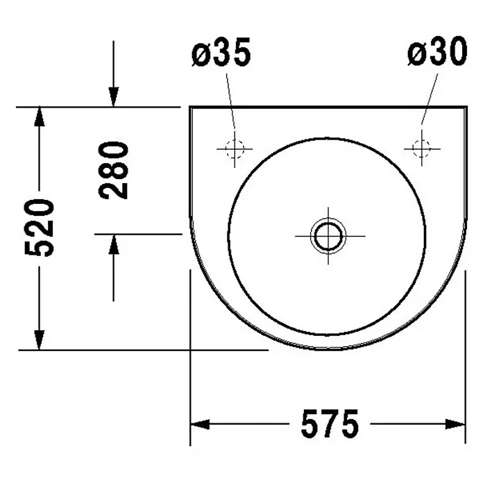Duravit Architec Waschtisch - 57,5 x 52 cm, Ohne Spezialglasur, Hahnloch: Ohne, Ohne Überlauf, Weiß - Technische Zeichnung eines Waschbeckens mit Maßen und Bohrlöchern. Ideal für die Badplanung mit präzisen Angaben.
