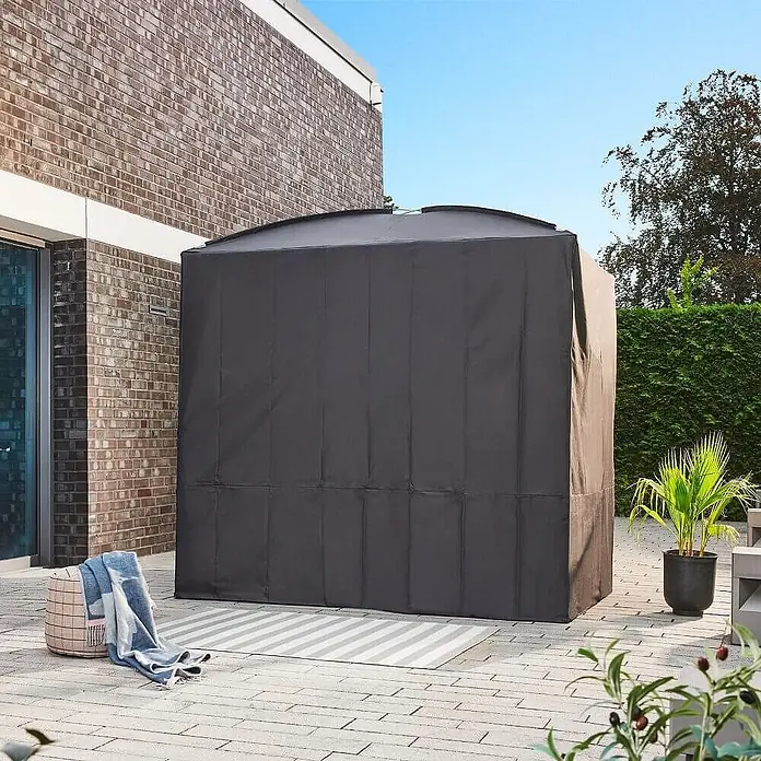 Home Deluxe Gartenliege PROVENCE inkl. Regenabdeckung - Anthrazit, Stahl - Dunkelgraue Gartenaufbewahrungsbox mit schützender Stoffabdeckung auf einer Terrasse.