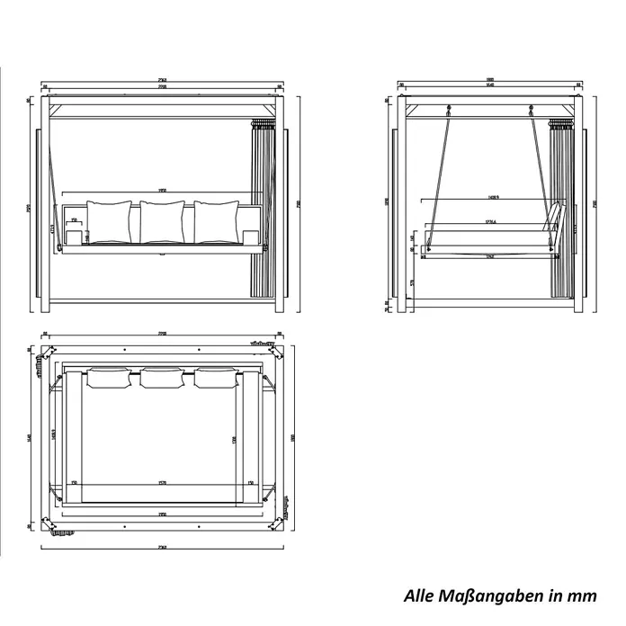 Home Deluxe Gartenliege PROVENCE inkl. Regenabdeckung - Anthrazit, Stahl - Technisches Diagramm einer Hollywoodschaukel mit Maßen, Vorder-, Seiten- und Draufsicht.