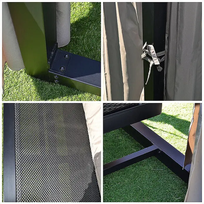 Home Deluxe Gartenliege PROVENCE inkl. Regenabdeckung - Anthrazit, Stahl - Nahaufnahmen eines dunklen Pavillonrahmens aus Metall, Stoffvorhängen und Netzpaneelen. Zeigt Strukturdetails und Materialien.