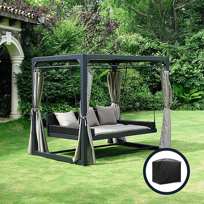 Home Deluxe Gartenliege PROVENCE inkl. Regenabdeckung - Anthrazit, Stahl - Outdoor-Hollywoodschaukel mit dunkelgrauem Rahmen, hellen Kissen, Vorhängen und einer Schutzhülle.
