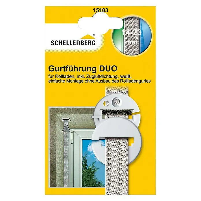 Schellenberg Gurtführung DUORund, Rollladen-Maxi-Systeme, Zugluftdichtung, Weiß - Abbildung der Schellenberg Gurtführung DUO, eine Zugluftdichtung für Rollläden, für eine einfache Montage ohne Ausbau des Rollladengurtes.