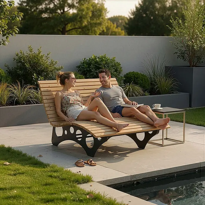 Home Deluxe Gartenliege TAIGA B 150 cm - Natur, Holz - Holz-Gartenliege mit schwarzem Metallgestell, die bequem zwei Personen am Pool Platz bietet.