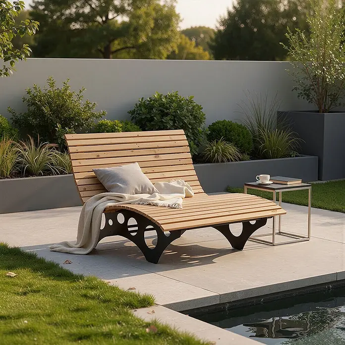 Home Deluxe Gartenliege TAIGA inkl. 1 Auflage - Natur, Holz - Hölzerne Gartenliege mit hellem Kissen und Decke, schwarzem Metallgestell, auf einer Terrasse am Pool.
